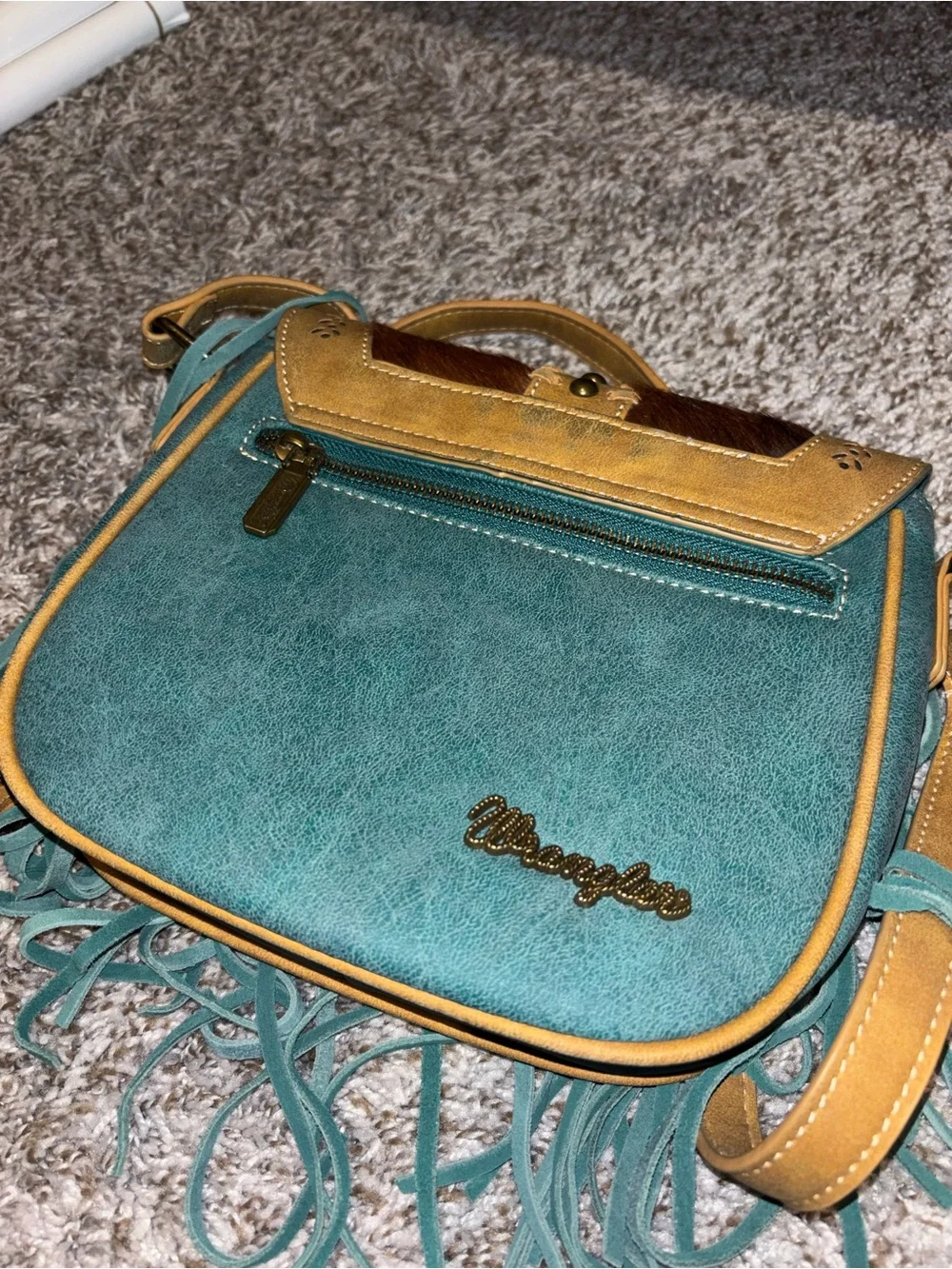Wrangler Teal and Tan Fringe Crossbody Bag with Haircalf Accent